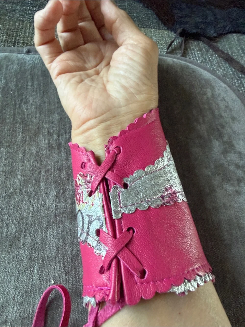 Pink Leather Wrist Cuff Glove with Silver Floral Accent